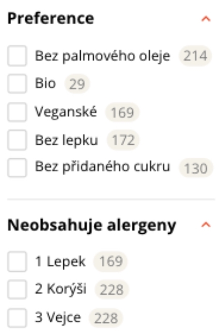 Filtrace produktů podle preferencí i alergenů