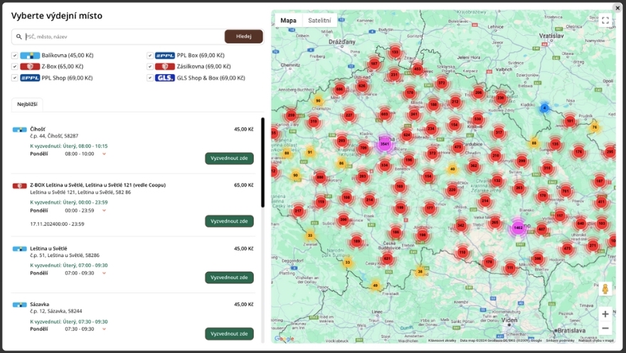 Zobrazení výdejních míst